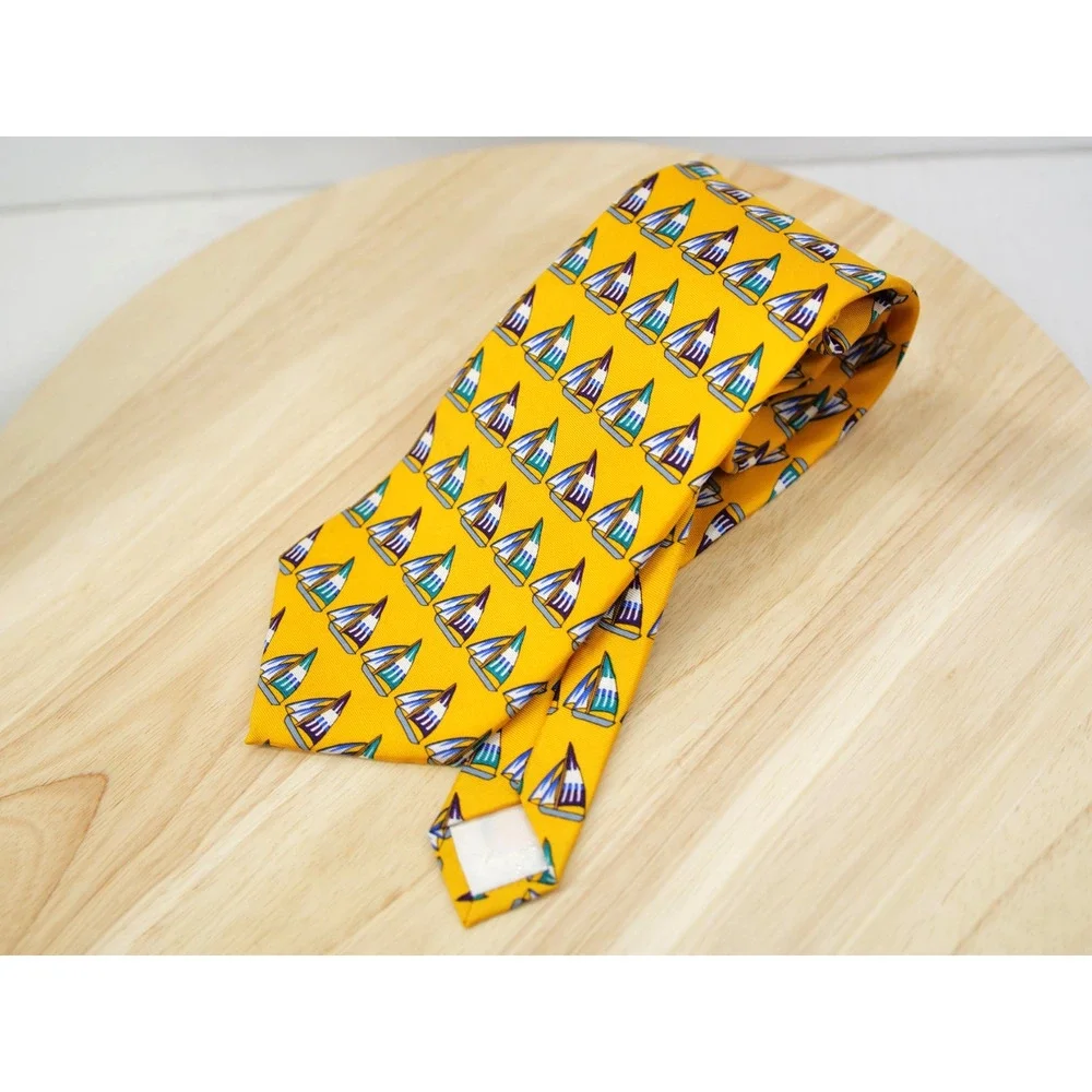 Brooks Brothers Makers Sailboat Sailing Nautical Silk Tie Made in USA Yellow
